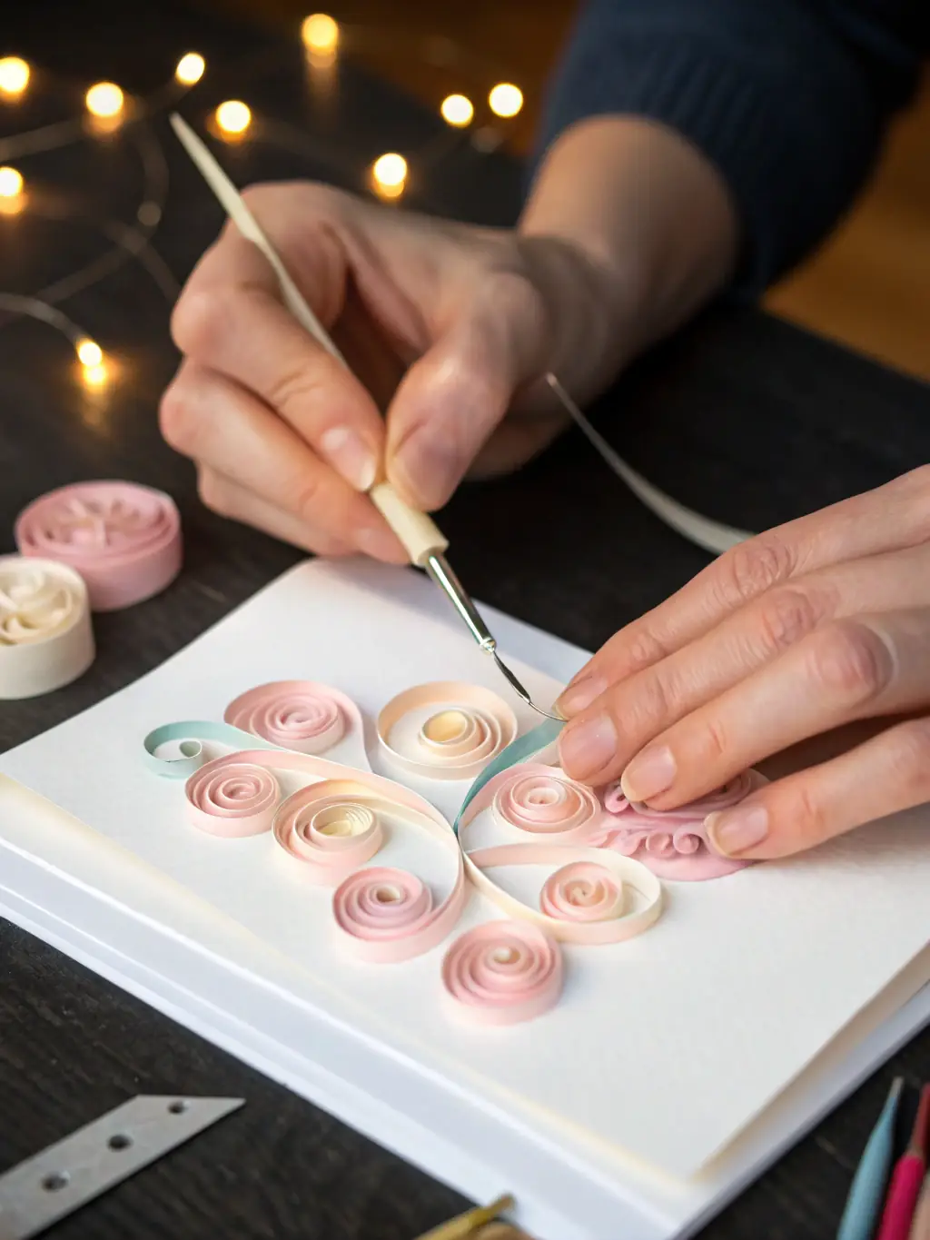 A close-up shot of hands carefully crafting intricate paper flowers during a paper crafting workshop at L'ATELIER DES PETITES MAINS, emphasizing attention to detail.