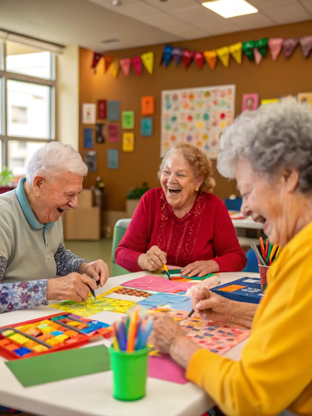 A photo showing a group of seniors engaged in a crafting session, creating colorful handmade items, emphasizing the accessibility and enjoyment for all age groups.