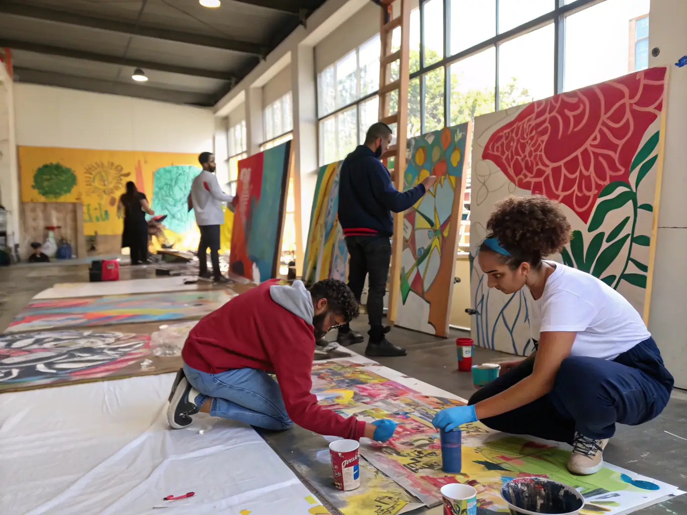 A group of diverse individuals collaboratively working on a large-scale art project, showcasing teamwork and creative expression in a workshop setting at L'ATELIER DES PETITES MAINS.
