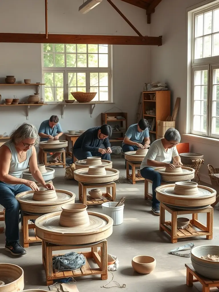 Participants in a pottery class at L'ATELIER DES PETITES MAINS, shaping clay on pottery wheels under the guidance of an instructor, highlighting skill development.