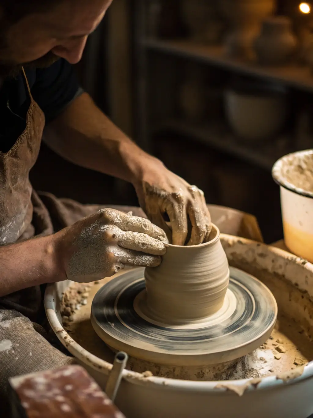 An image of participants learning pottery techniques, with hands shaping clay on a spinning wheel, highlighting the tactile and therapeutic aspects of the workshop.