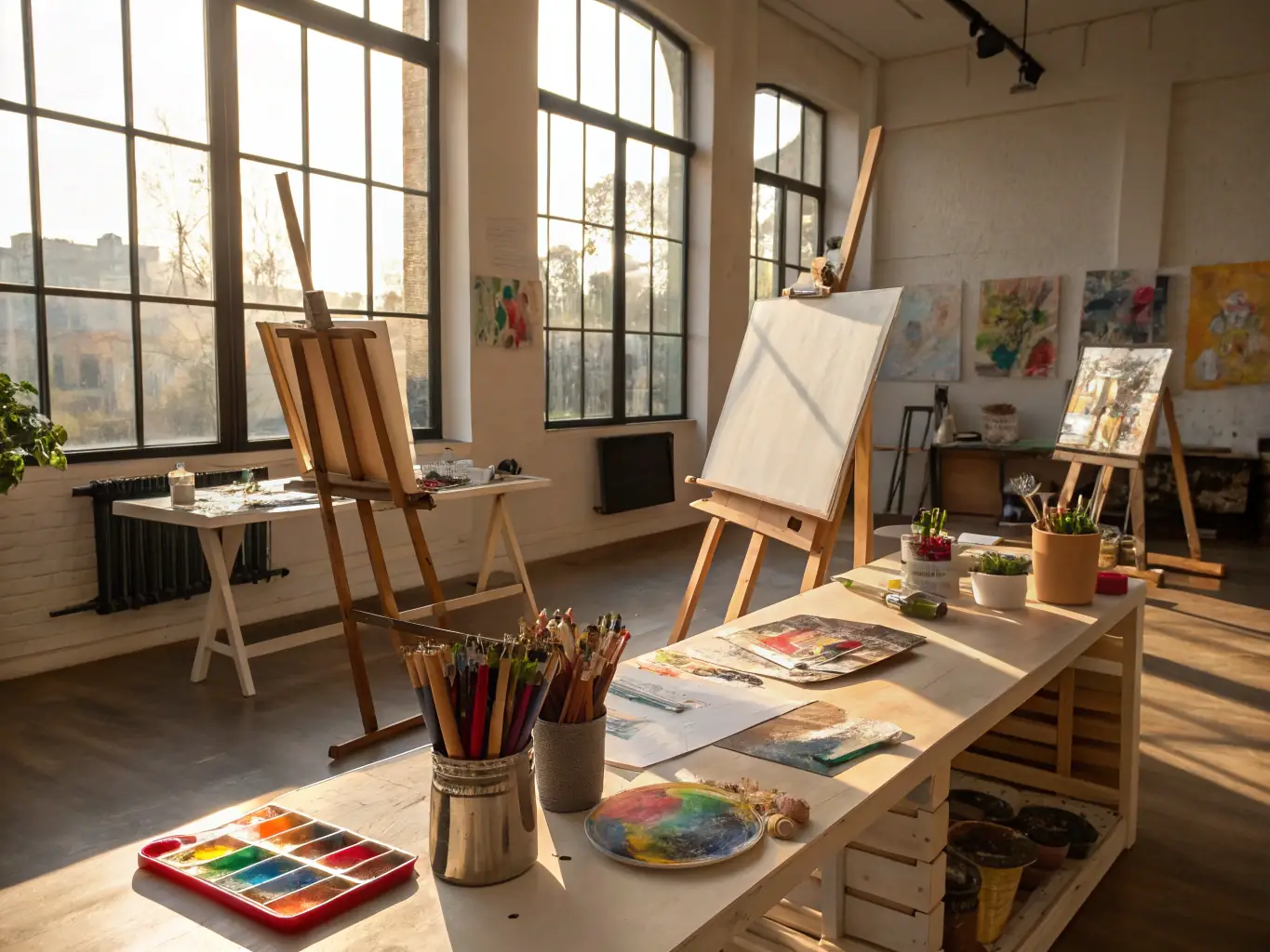 A visually appealing image of various art supplies and finished art pieces created by participants at L'ATELIER DES PETITES MAINS, highlighting the diverse range of creative possibilities.