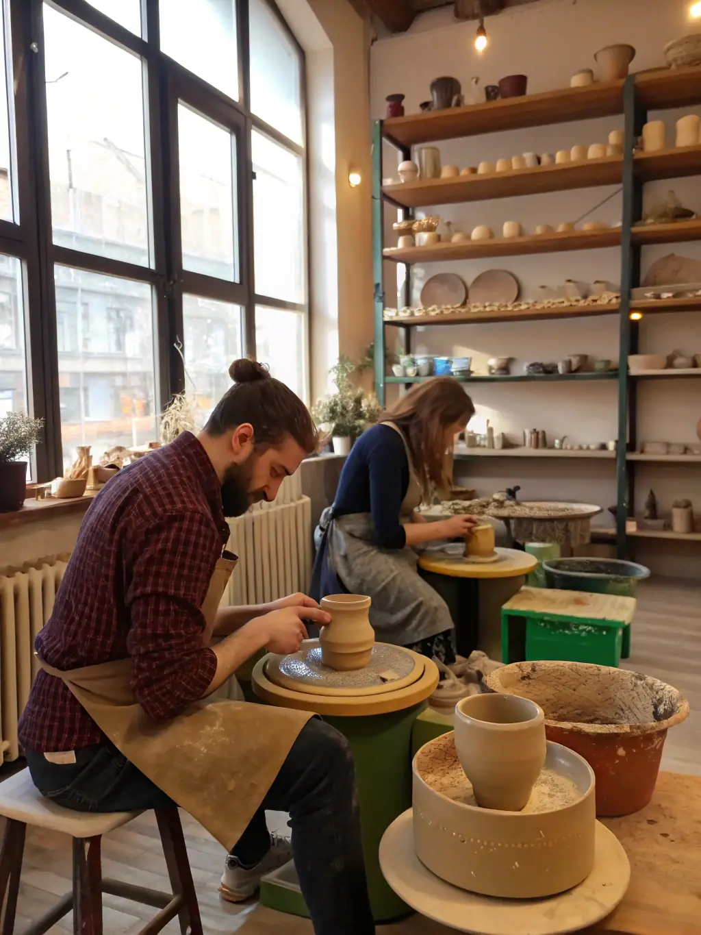 A diverse group of adults engaged in a pottery class at L'ATELIER DES PETITES MAINS, demonstrating the inclusive and skill-building nature of the adult programs.