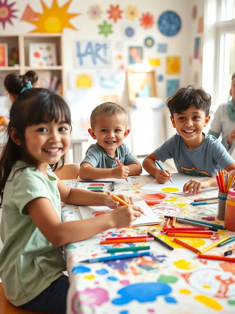 A group of children happily painting together in a bright, colorful workshop setting at L'ATELIER DES PETITES MAINS, showcasing the joy and creativity of the program.