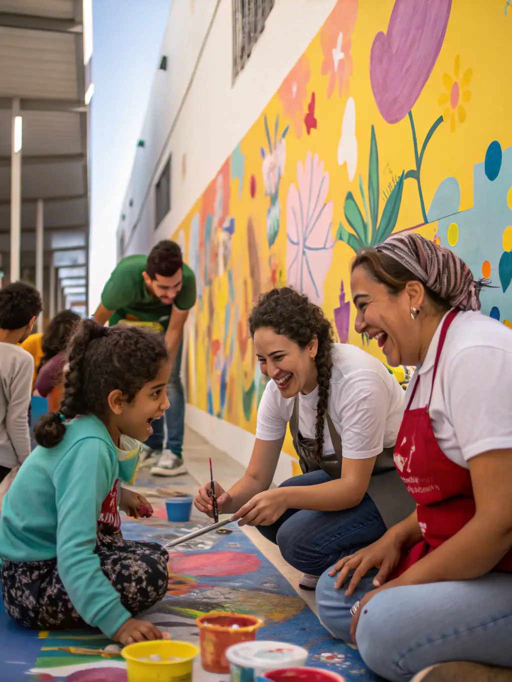 A diverse group of adults and children engaged in a mixed-media art project at L'ATELIER DES PETITES MAINS, combining various materials and techniques.