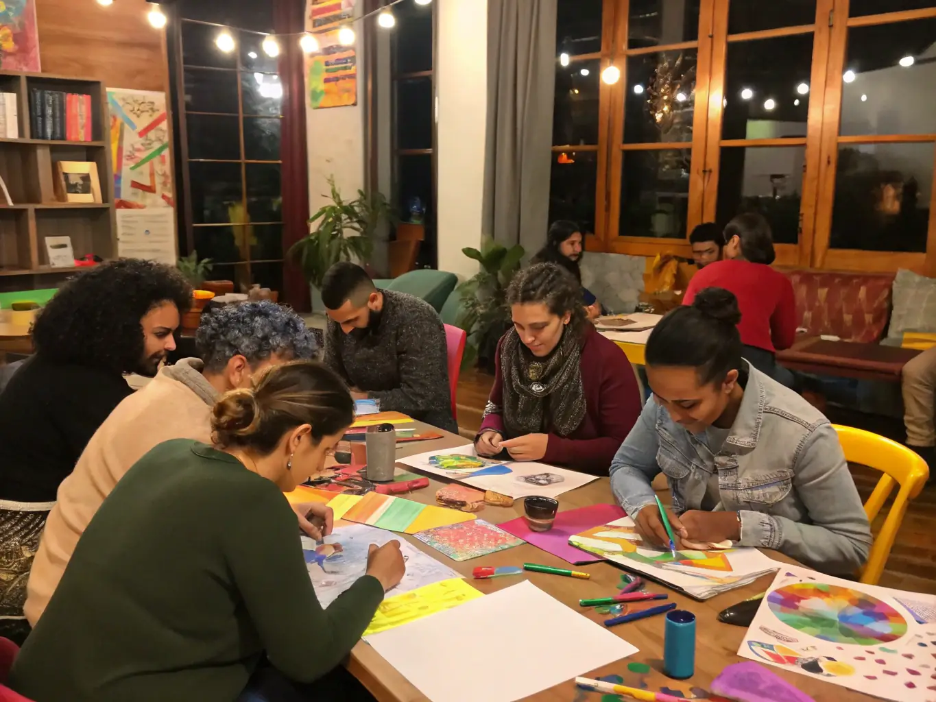 A photograph capturing the joy and engagement of participants during a creative workshop at L'ATELIER DES PETITES MAINS, emphasizing the fun and social aspects of the activities.