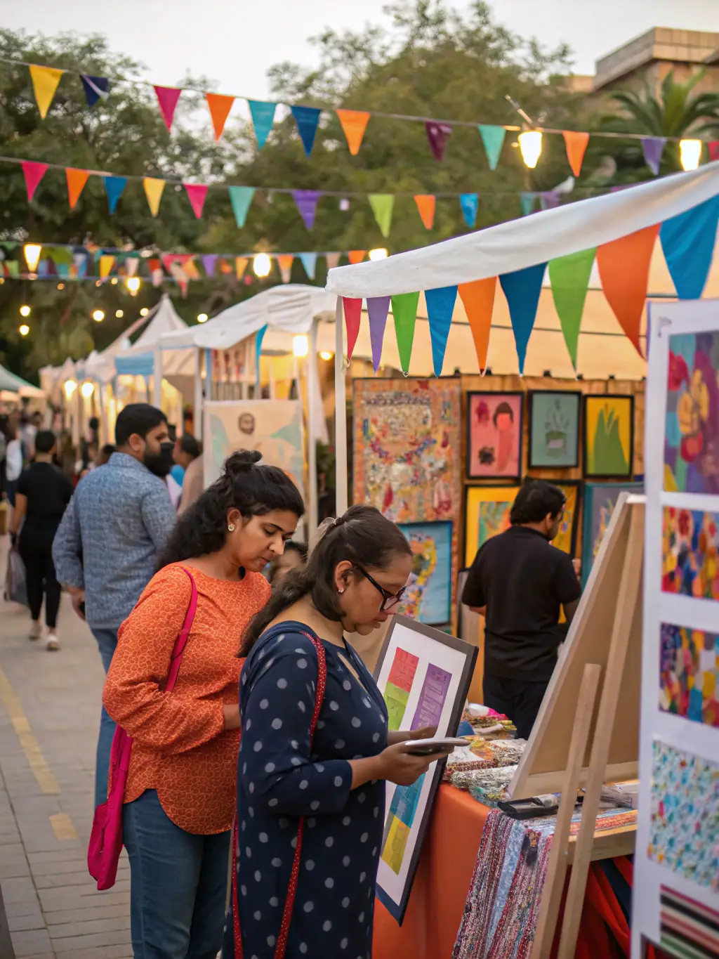 A photograph of a community art project displayed at a local event, showcasing the collaborative and community-focused aspect of L'ATELIER DES PETITES MAINS' programs.