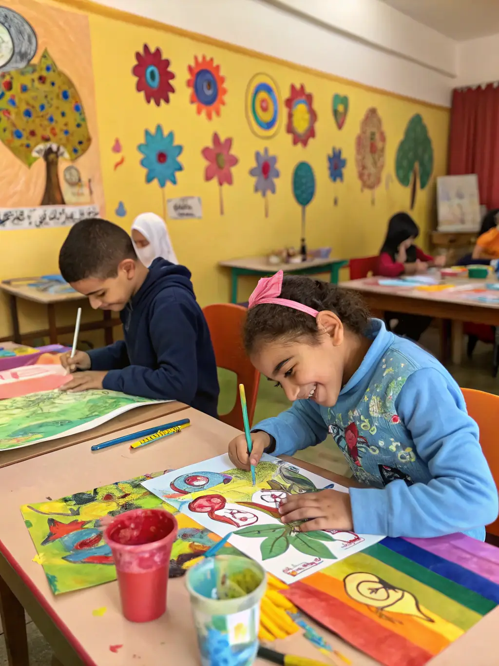 A dynamic shot of children participating in a mixed-media art camp, experimenting with different materials and techniques, showcasing the fun and educational aspects of the program.